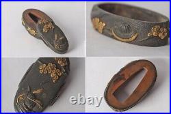 Antique Fuchigashira FuchiKashira Plum Blossom Shakudo SwordFitting Edo Japan