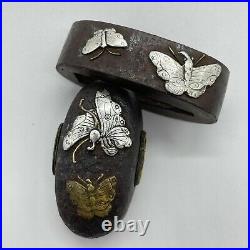 Antique Japanese Fuchi Kashira For Katana Butterflies Rare Design Edo