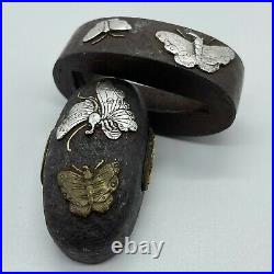 Antique Japanese Fuchi Kashira For Katana Butterflies Rare Design Edo