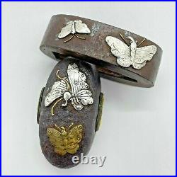 Antique Japanese Fuchi Kashira For Samurai Katana Butterflies Rare Design Edo