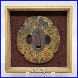 Antique Japanese Inlay Iron Tsuba For Katana Sword Turtle Shell Pattern withBOX
