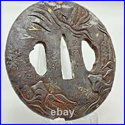 Antique Japanese Inlay Iron Tsuba For Katana Sword withsigned Waves and Flowers