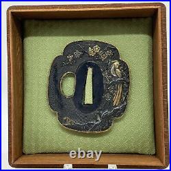Antique Japanese Inlay Iron Tsuba For Katana sword A Bird on Tree withBOX Edo 69mm