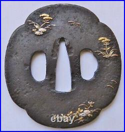 Antique Japanese Iron Gold Copper Silver Tsuba Flowers