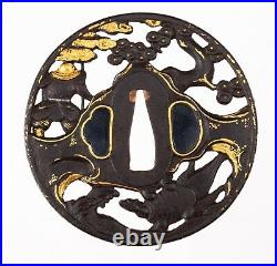 Antique Japanese Iron Soten Style Tsuba Decorated with Warrior and Turtle