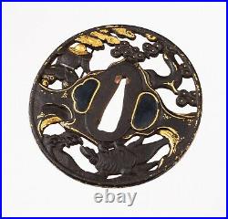Antique Japanese Iron Soten Style Tsuba Decorated with Warrior and Turtle