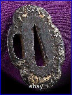 Antique Japanese Iron Tanto Tsuba Decorated with Buddhist Temple Motivs