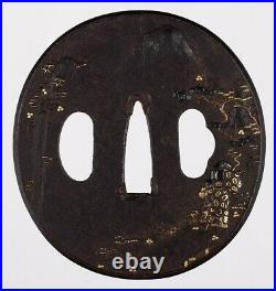 Antique Japanese Iron Tsuba Decorated with Chinese Man and Child
