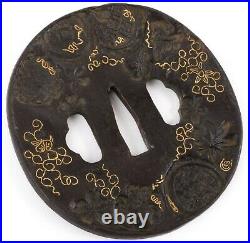 Antique Japanese Iron Tsuba Decorated with Coins, Butterlies, Flowers