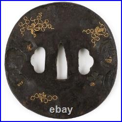 Antique Japanese Iron Tsuba Decorated with Coins, Butterlies, Flowers