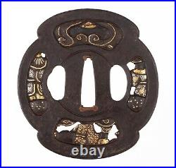 Antique Japanese Iron Tsuba Decorated with Fans Showing Legendary Figures
