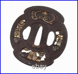 Antique Japanese Iron Tsuba Decorated with Fans Showing Legendary Figures