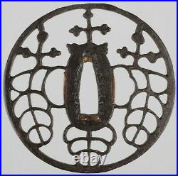 Antique Japanese Owari School Iron Paulownia Sukashi Tsuba Gosan-No-Kiri