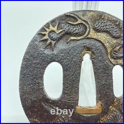 Antique Japanese Real Old Inlay Iron Tsuba For Katana Samurai Sword Dragon