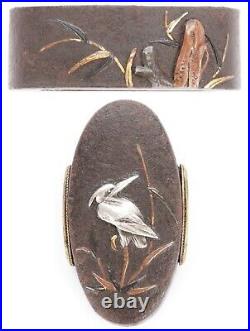 Antique Japanese Set Tonto Fuchi Kashira Iron Silver Egret Heron Crane Bird Old