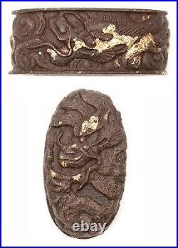 Antique Japanese Small Set Iron Tanto Fuchi Kashira Dragon Gold Tsuka Koshirae
