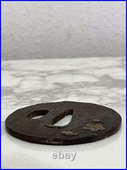 Antique Japanese Sword Guard Tsuba Plum Blossom Design, Iron, 67g Antique Japanese Sword Guard Tsuba Plum Blossom Design, Iron, 67g