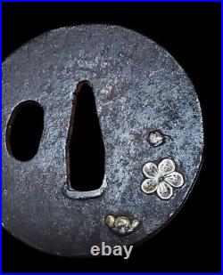 Antique Japanese Sword Guard Tsuba Plum Blossom Design, Iron, 67g Antique Japanese Sword Guard Tsuba Plum Blossom Design, Iron, 67g