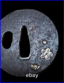 Antique Japanese Sword Guard Tsuba Plum Blossom Design, Iron, 67g Antique Japanese Sword Guard Tsuba Plum Blossom Design, Iron, 67g