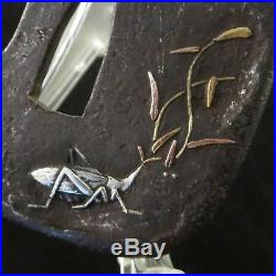 Antique Japanese Tsuba Grasshopper Grass iron Sword gold silver copper inlay Edo