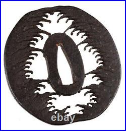 Antique Japanese Wave Sukashi Iron Tsuba With Silver Droplets