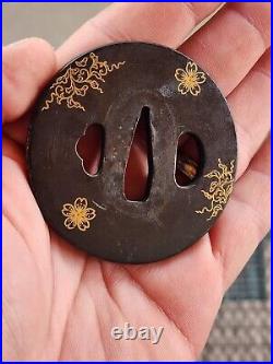 Antique Japanese iron tsuba with very nice fine gold inlay. Edo era