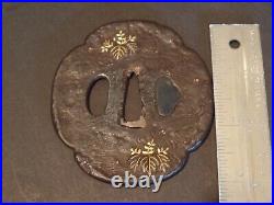 Antique Large Japanese Sword Iron Tsuba Kiri Leaves