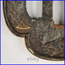 Antique Rare Edo Era Brass Inlay Tsuba Sword katana Guard Ship motif Japanese