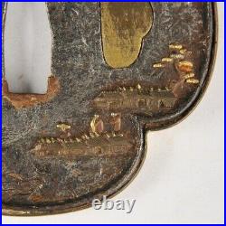 Antique Rare Edo Era Brass Inlay Tsuba Sword katana Guard Ship motif Japanese