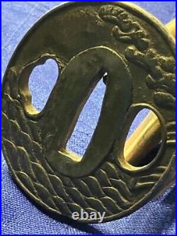 Antique Signed Iron Tsuba Sword katana Guard Wave/Pine/warrior motif Japanese JP