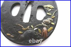 Antique japanese gold silver inlay moon flower leaf frog motif tsuba