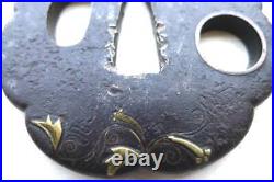 Antique japanese sign unusual shape inlay tsuba