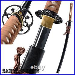 Brown leather ito Japanese samurai sword katana 1095 carbon steel iron tsuba