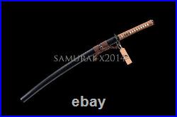 Brown leather ito Japanese samurai sword katana 1095 carbon steel iron tsuba
