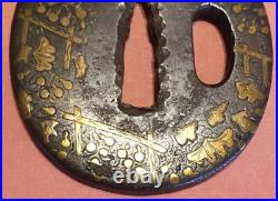 C. 1600 Early Edo, Yoshiro/Heianjo School Japanese Iron Tsuba, Fine Brass Inlay