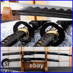 Damascus Folded Steel Japanese Samurai Swords Set Iron Tsuba Katana + Wakizashi