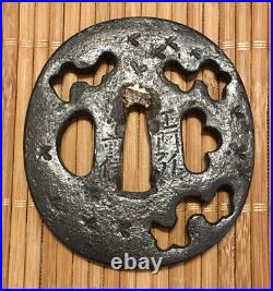 Edo Era, Japanese Iron Tsuba, Signed- Shoami Shigenobu, Worm eating wood design