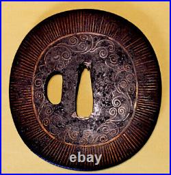 Edo era, C. 1600 to 1650, Japanese iron Tsuba, Heianjo- Kaga Zogan, Brass Inlay