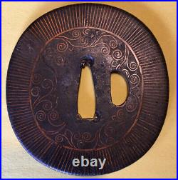 Edo era, C. 1600 to 1650, Japanese iron Tsuba, Heianjo- Kaga Zogan, Brass Inlay