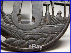 Gold Crest Inlaid Ship TSUBA 18-19thC Japanese Edo Original Antique Koshirae