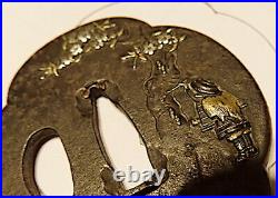 Hammered Mokko Iron Tsuba, Silver, Gold, Copper, Waterfall Man Using Drinking Ladle
