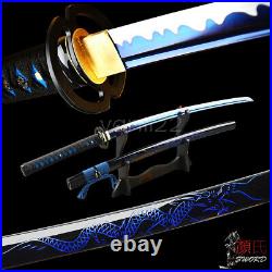 Iron Musashi Tsuba Samurai Katana Blue Dragon Engraved Saya Sharp Japanese Sword