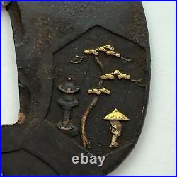 Iron Tsuba, Japanese Samurai Sword Guard, Edo Antique, Street Scene Gold Inlaid