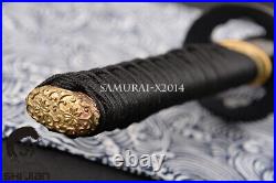 Iron Tsuba Japanese Sword Samurai Wakizashi Damascus Folded Steel Brass Fittings