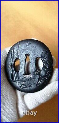 Japanese Antique Carved Inlay Iron Tsuba Katana Samurai Sword Guard from Japan Japanese Antique Carved Inlay Iron Tsuba Katana Samurai Sword Guard from Japan