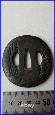 Japanese Antique Carved Inlay Iron Tsuba Katana Samurai Sword Guard from Japan Japanese Antique Carved Inlay Iron Tsuba Katana Samurai Sword Guard from Japan