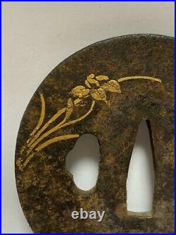 Japanese Antique Samurai Iron TSUBA Katana Gold Flower Inlay design (b395) /20