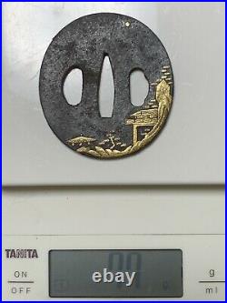 Japanese Antique Samurai Iron TSUBA Katana Sword Hilt Gold Inlay (b457)