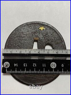 Japanese Antique Samurai Signed TSUBA Katana Sword Hilt Gold Inlay(b873)