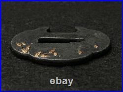 Japanese Antique Samurai TSUBA Katana Leaf Inlay Small Iron Sword Hilt Edob740